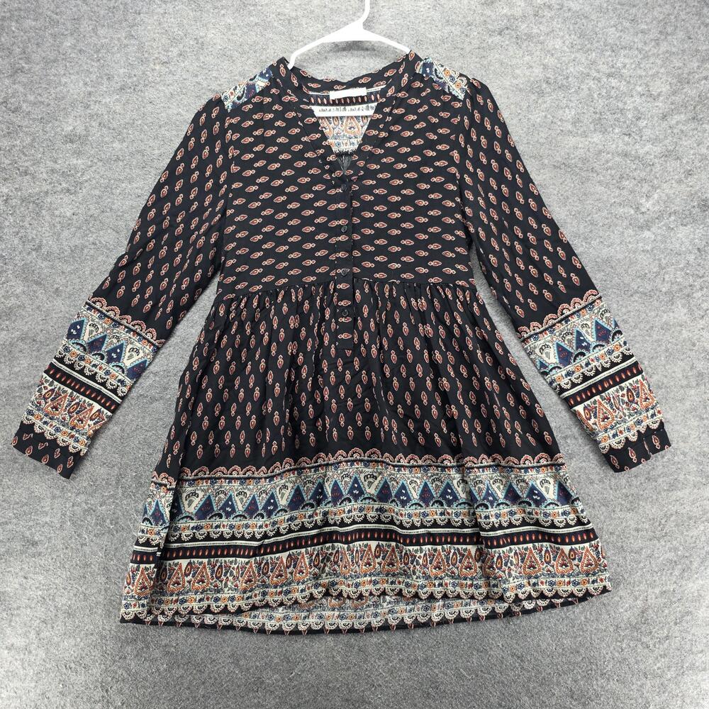 Altar'd State Dress Womens Small Black Boho Long Sleeve Rayon Patterned Mini